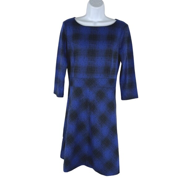 L.L.‎ Bean Signature Dress Womens Size 6 Plaid Blue Black 3/4 Sleeve DR-1715 - Picture 1 of 9